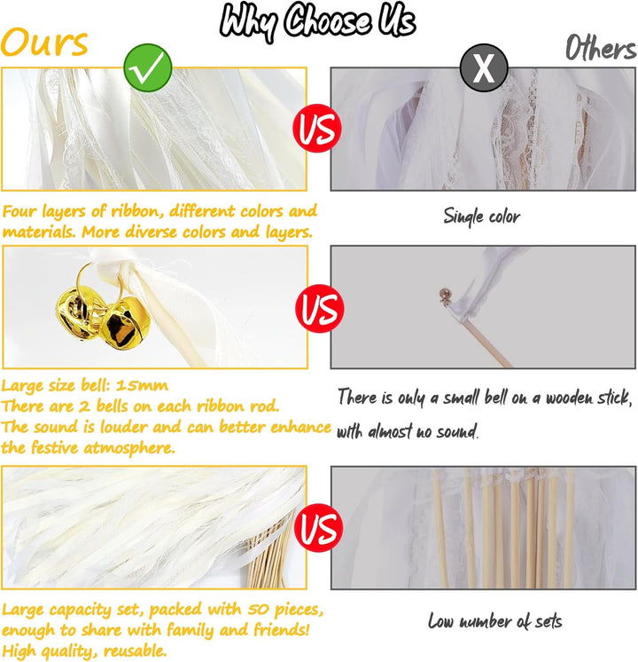 Wedding Wands,50 Stück Stäbe mit 100 Gross Glöckchen und 150 Hochzeitsbändern,Seidenfeenstab,Gastges