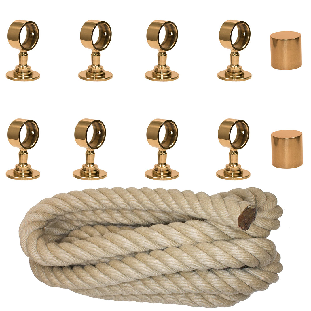 Handlaufseil Set 30mm - bestehend aus 2 Endkappen 8 Seilträger Messing glänzend und 8m "Nature Touch