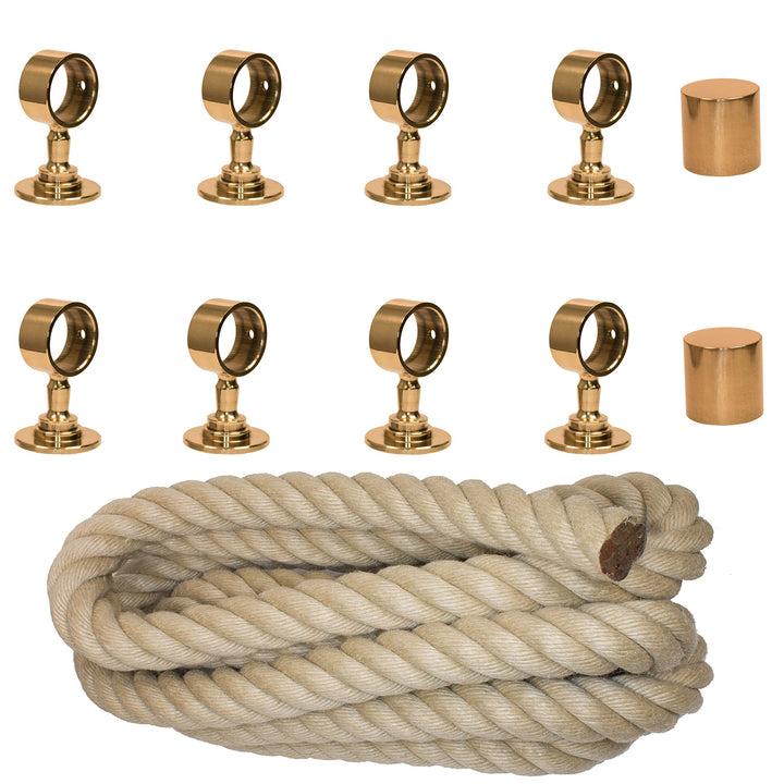 Handlaufseil Set 30mm - bestehend aus 2 Endkappen 8 Seilträger Messing glänzend und 8m "Nature Touch