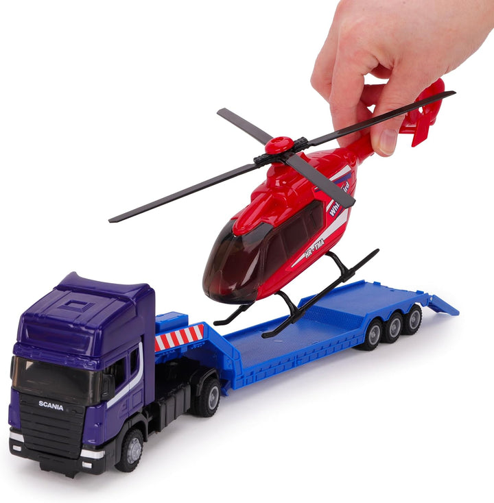 Toyland® Scania Pritschenschlepper mit Hubschrauber - Massstab 1:48 - Freilauf - Transportspielzeugs