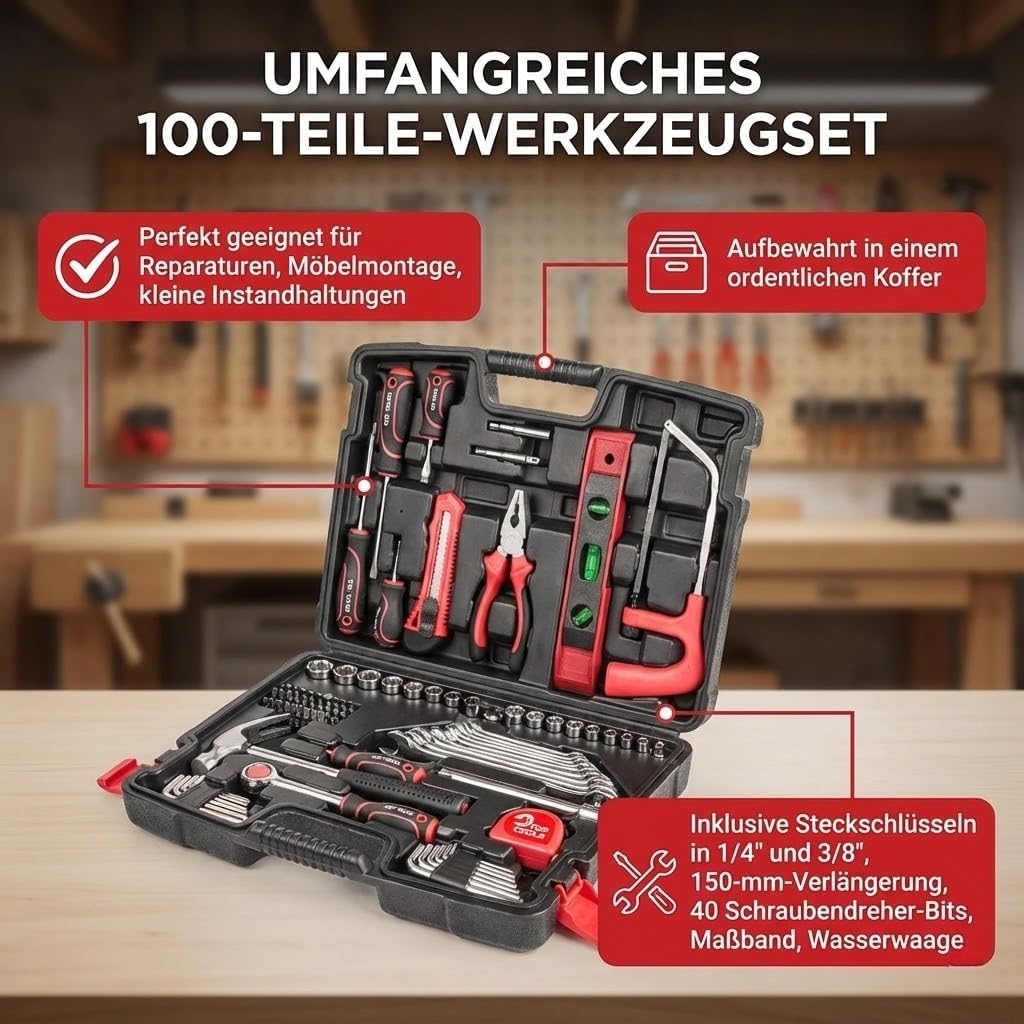 TOP TOOLS Werkzeugset 100-teilig mit Steckschlüsseln 3/8" Ratsche Ringschlüsseln Schraubendrehern Za