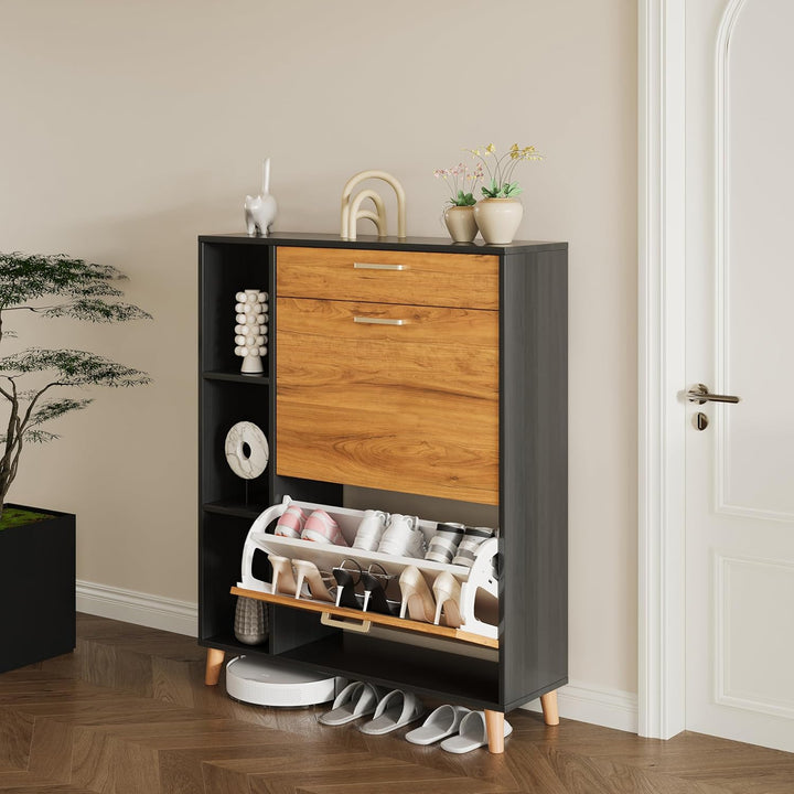 Schuhschrank mit 2 Klappen Schmal Schuhschrank mit 2 Flip-Schuhregal 1 Schublade und 3 Ablagefächer