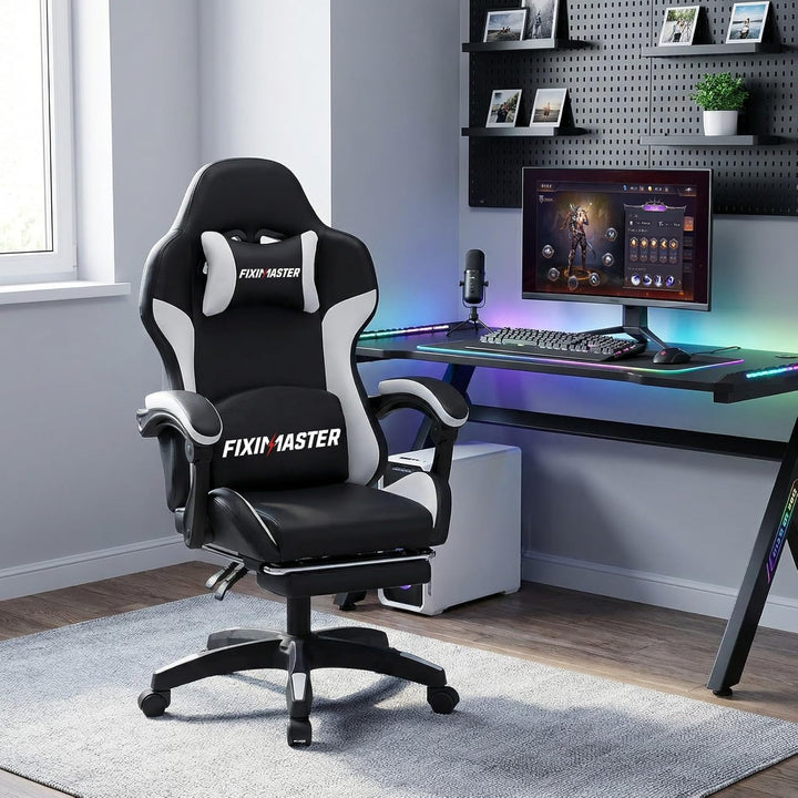 Bürostuhl Ergonomisch mit Fussstütze, Schreibtischstuhl, Racing-Design, Lenden- und Kopfstütze, PU-K