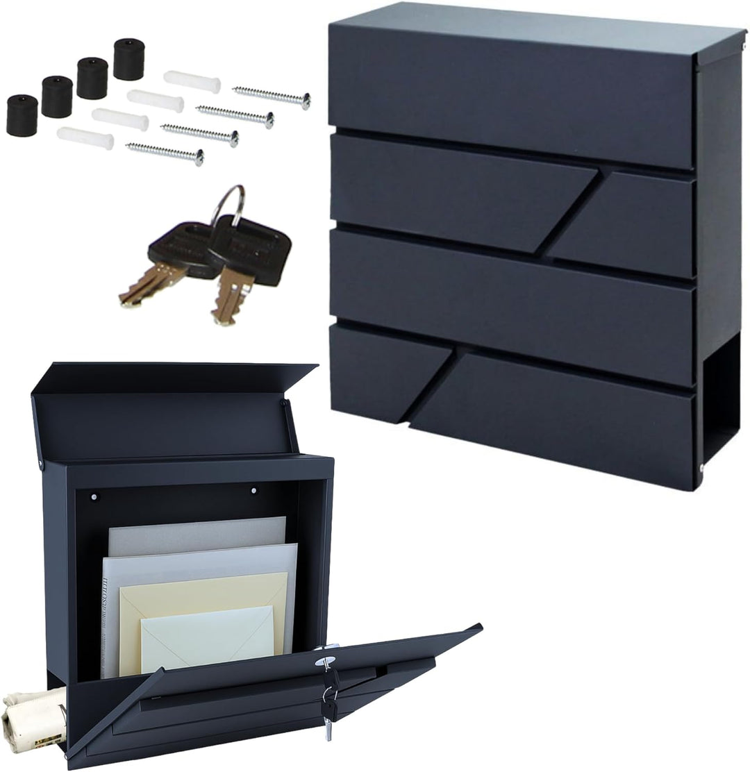 Edelstahl-Briefkasten anthrazit mit praktischem Zeitungsfach - Material: verzinkter Stahl - Aufputzm