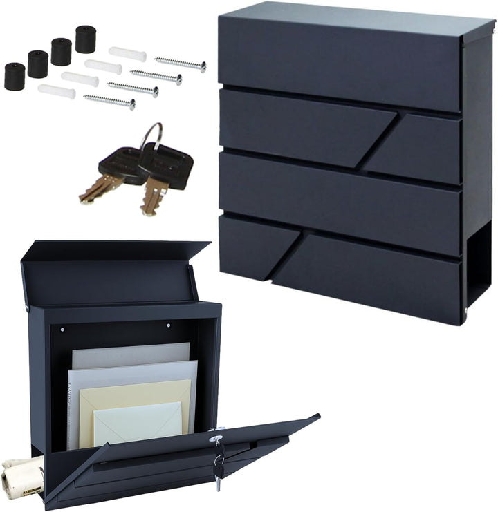 Edelstahl-Briefkasten anthrazit mit praktischem Zeitungsfach - Material: verzinkter Stahl - Aufputzm