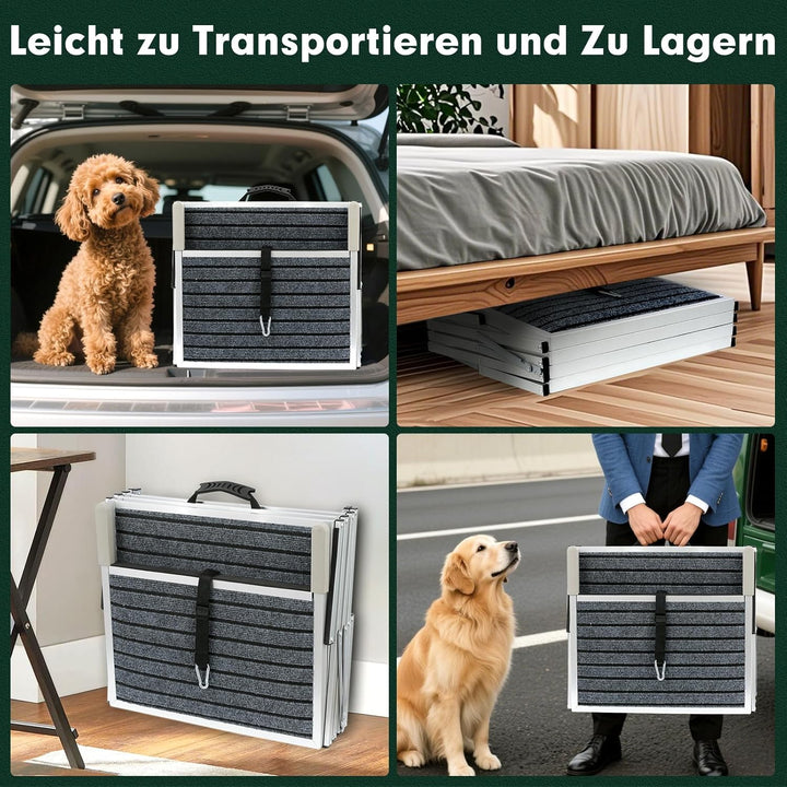 Hundetreppe Auto mit Teppich, Extra Breit 4 Stufen Hunderampe Auto Klappbar,Leichte Hunderampe Auto