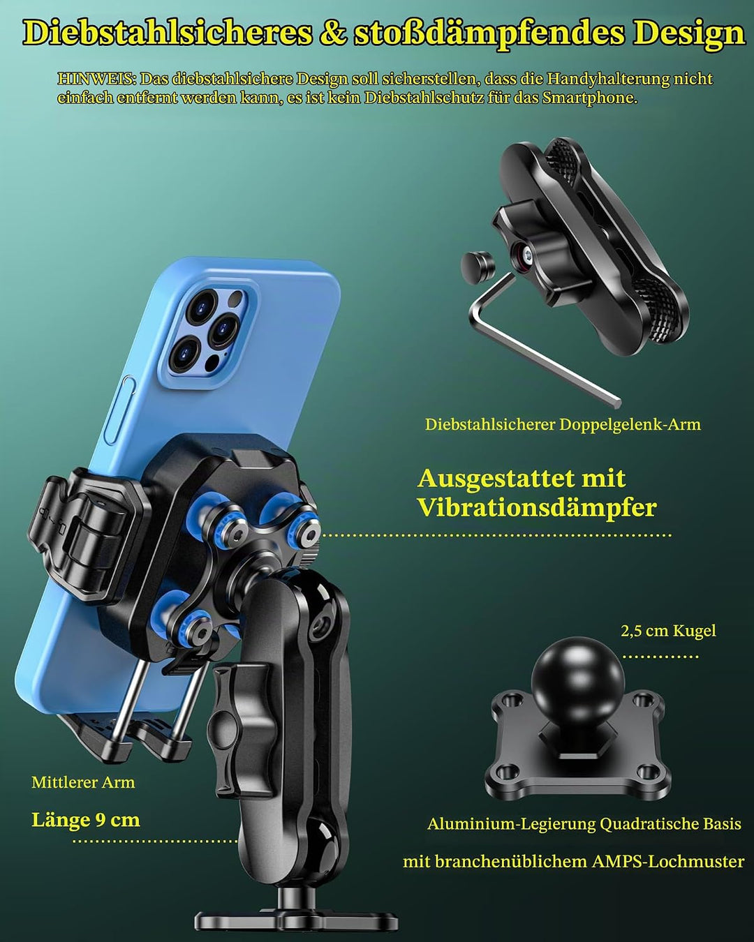 BRCOVAN Handyhalterung mit Vibrationsdämpfer [1s Lock] mit Quadratischer Aluminiumbasis und mittella