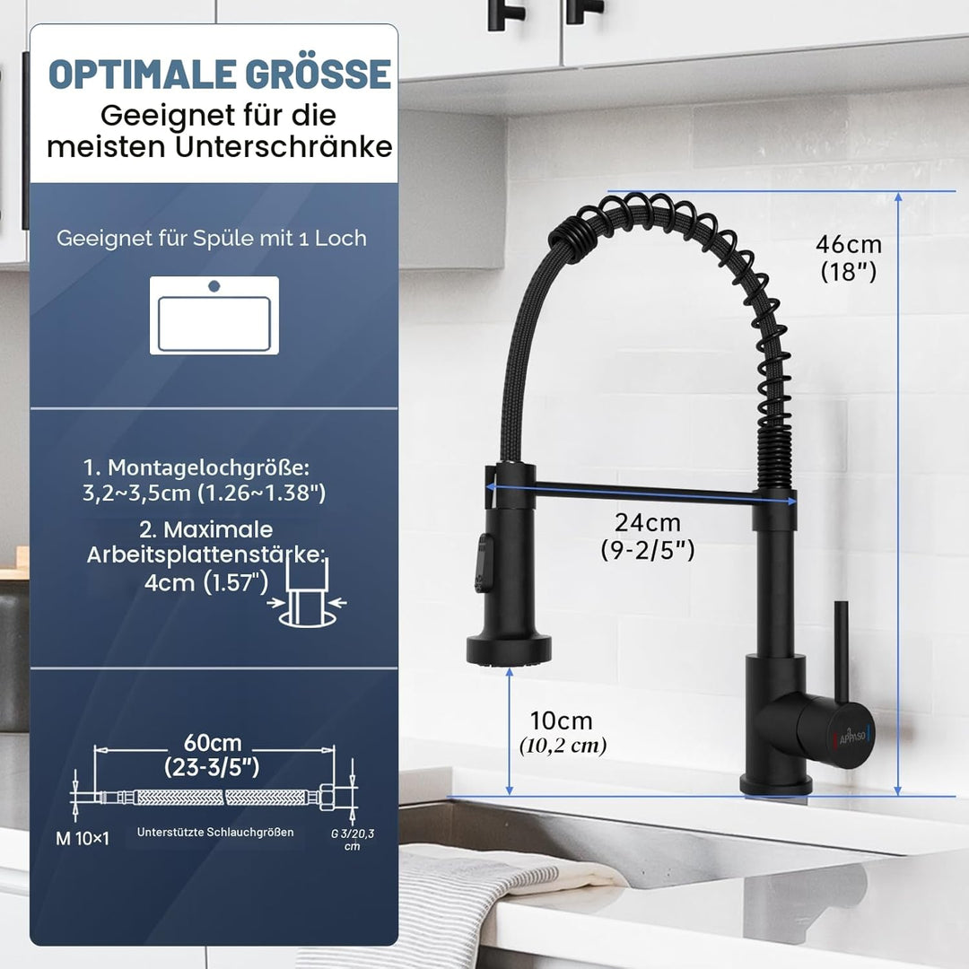 APPASO Wasserhahn Küche Schwarz, Hochdruck Küchenarmatur Schwarz mit Brause, Mischbatterie Küche mit