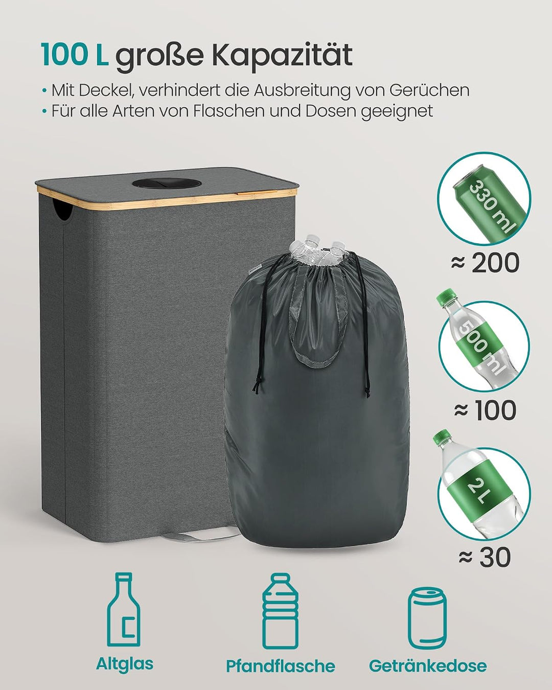 SONGMICS Pfandflaschen-Sammelbehälter, 95 L Pfandflaschen-Behälter, Flaschensammler Leergut, Recycli