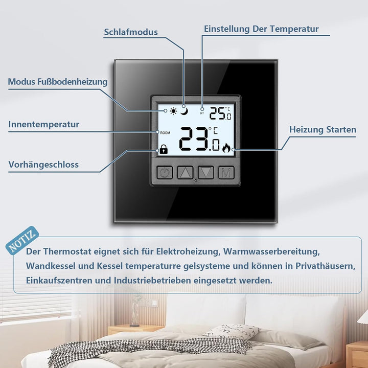 CNBINGO Digitales Thermostat Unterputz mit Kristallglas-Rahmen für Antriebssteuerung elektrische ode