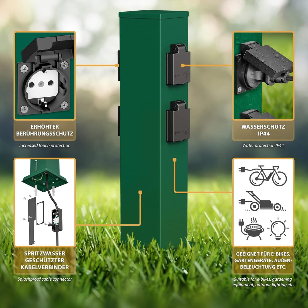 ledscom.de Garten-Steckdosen-Säule Polly mit Erdspiess und 2m Kabel für aussen, IP44, 4-Fach, grün,