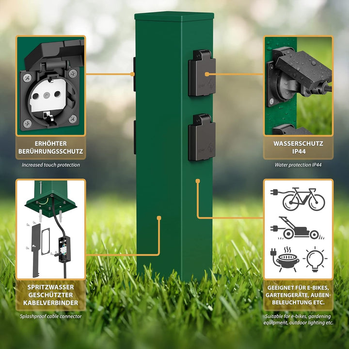 ledscom.de Garten-Steckdosen-Säule Polly mit Erdspiess und 2m Kabel für aussen, IP44, 4-Fach, grün,