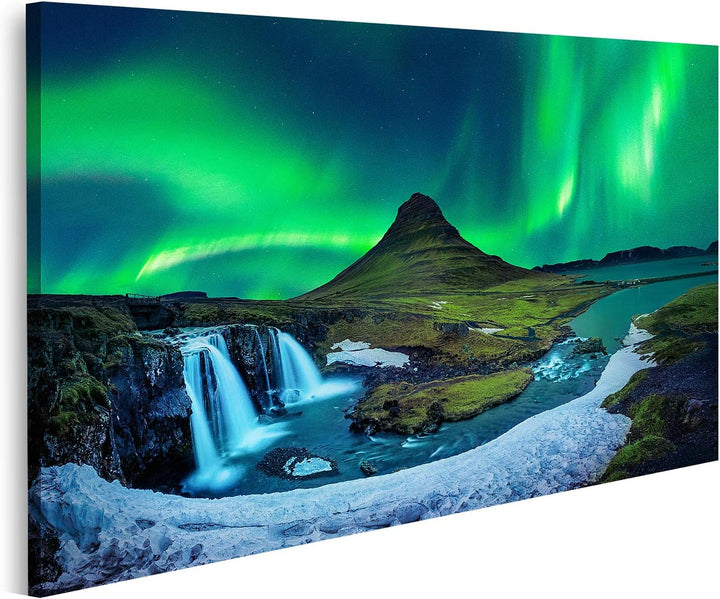 islandburner Bild auf Leinwand Nordlicht Aurora Borealis Kirkjufell Island Berge Winter Bilder Wandb