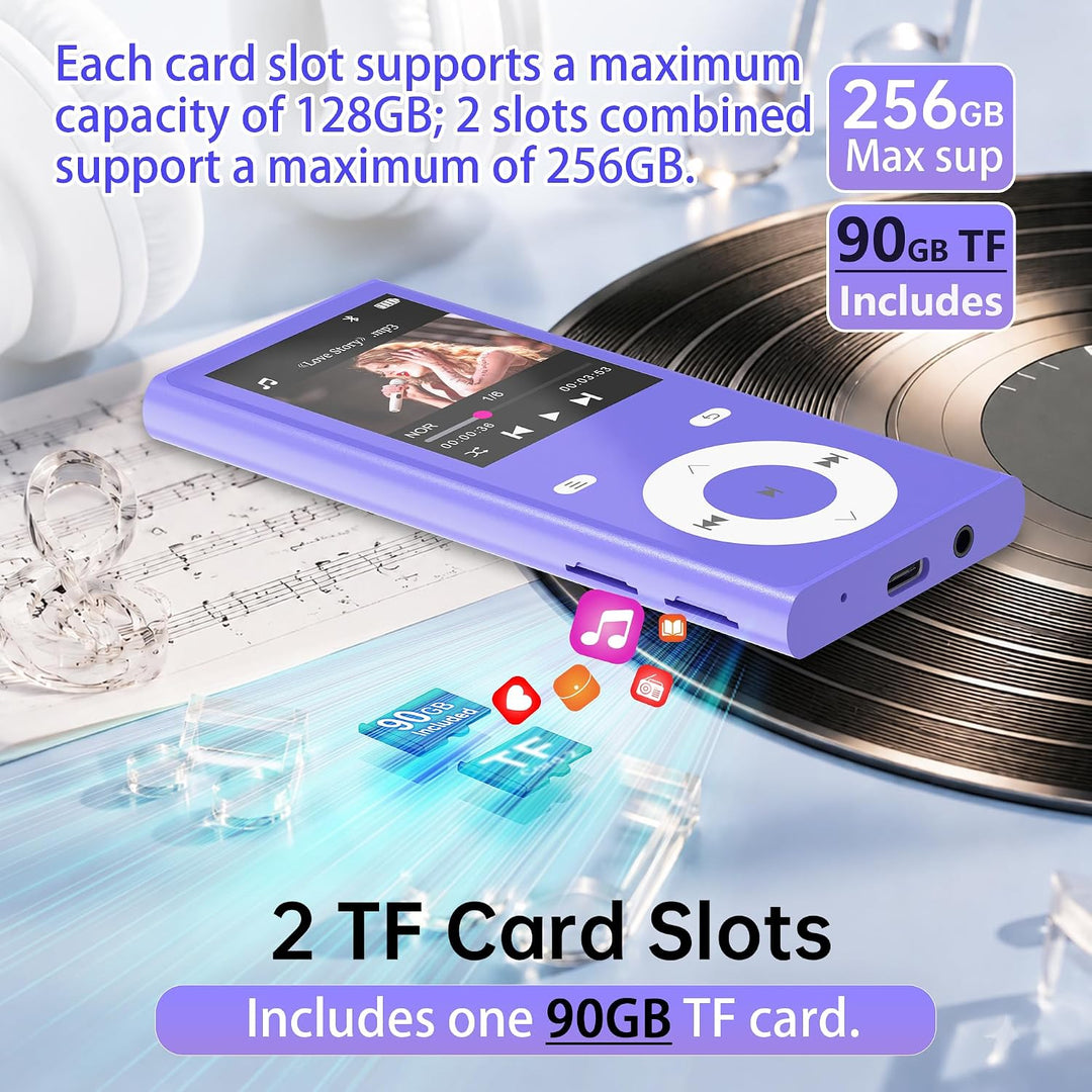 90GB MP3 Player Bluetooth 5.3, Musik Player 2 TF-Kartensteckplätzen Lila, Lila