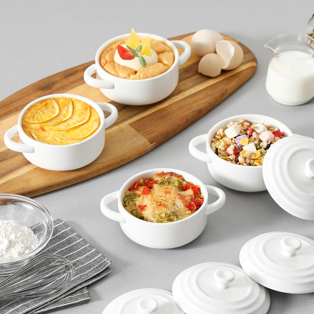 MALACASA Mini Cocotte mit Deckel, 4 Stück Auflaufform Klein aus Porzellan mit Griffen, Kleine Auflau