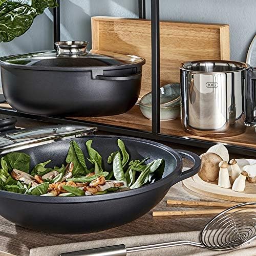 KHG Bratpfanne Wok 36 cm Induktion, Antihaft | 5,5 Liter Volumen, aus Aluminium Schwarz | XXL Kochge
