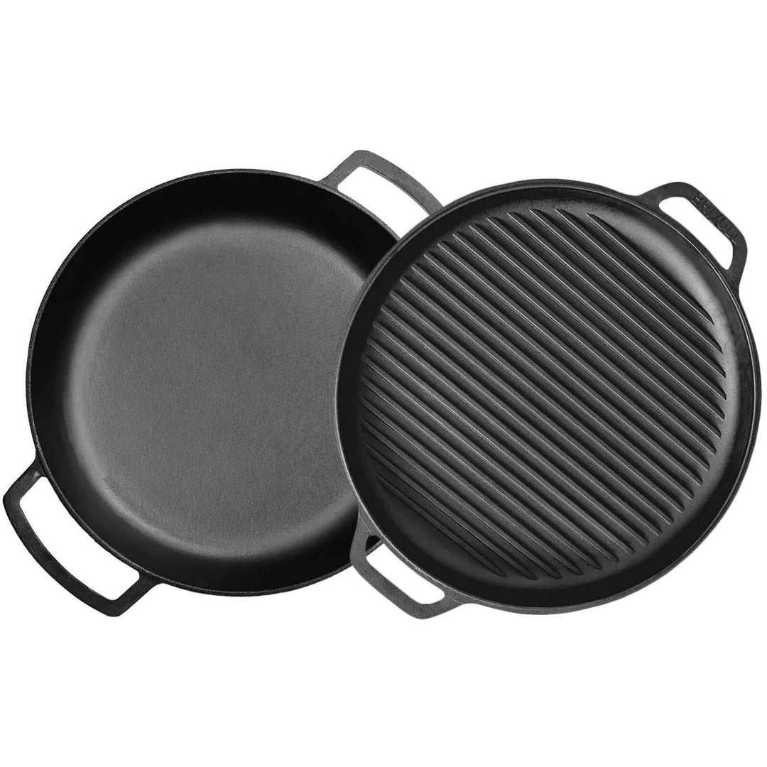 4BIG.fun Ø36cm Gusseisenpfanne mit Deckel-Grillpfanne aus Gusseisen Bräter Schmortopf aus Gusseisen