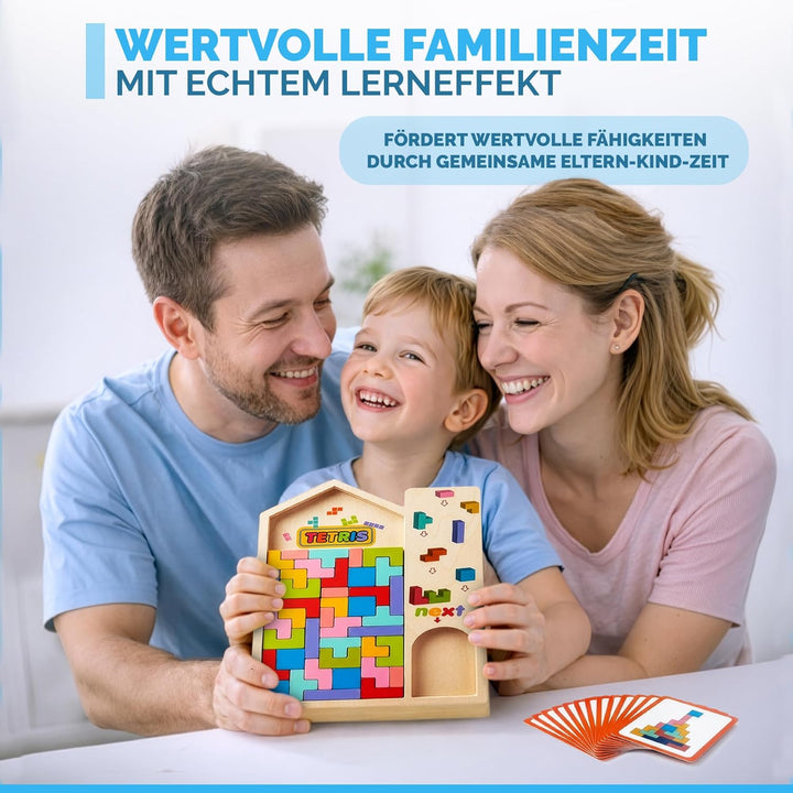 Tetris Holzpuzzle inklusive 10 doppelseitig gedrückte Karten zum Nachmachen– Stapelsteine - Montesso
