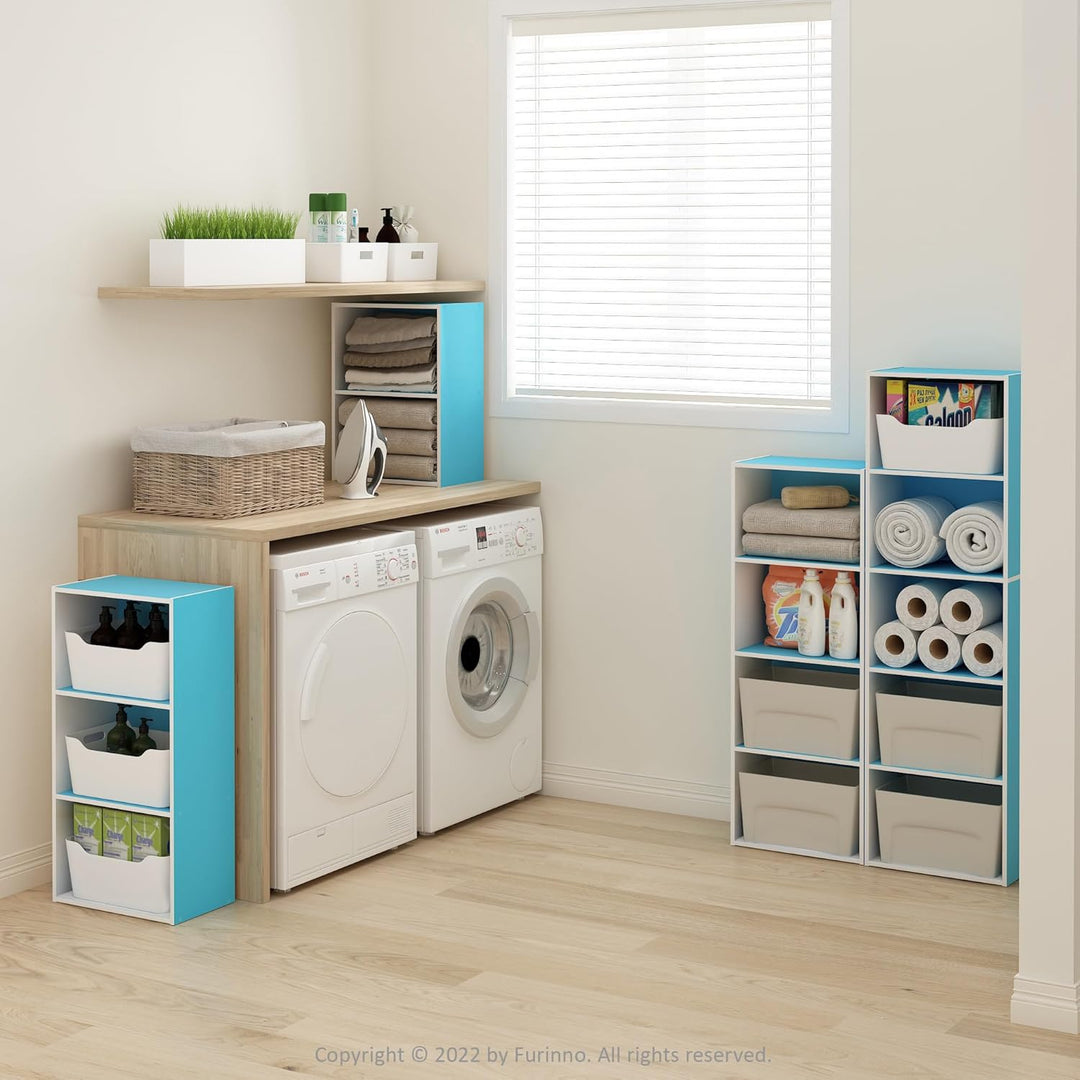 Furinno Luder Bücherregal mit 4 Ebenen, Holzwerkstoff, Weiss/Hellblau, 23.7(D) x 39.5(W) x 105.9(H)