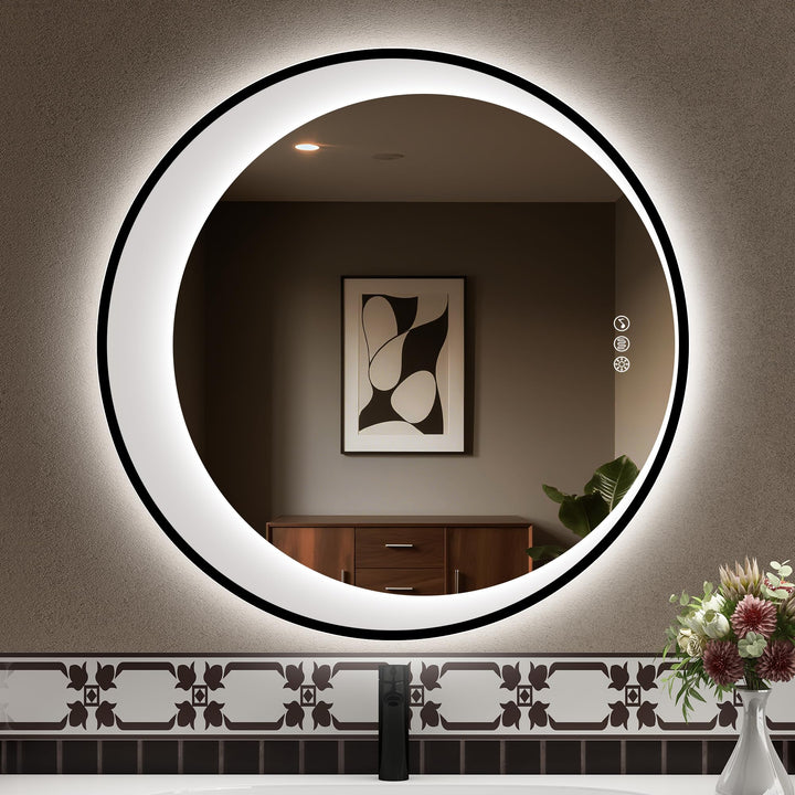 STARLEAD Rund Badspiegel-mit-Beleuchtung 80cm, Asymmetrischer-Spiegel mit Bluetooth, Dimmbar, 3 Lich
