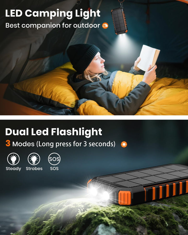 Solar Powerbank 20000mAh – 15 W Schnellladegerät, Tragbares Ladegerät, 3 integrierte Kabel mit LED-T