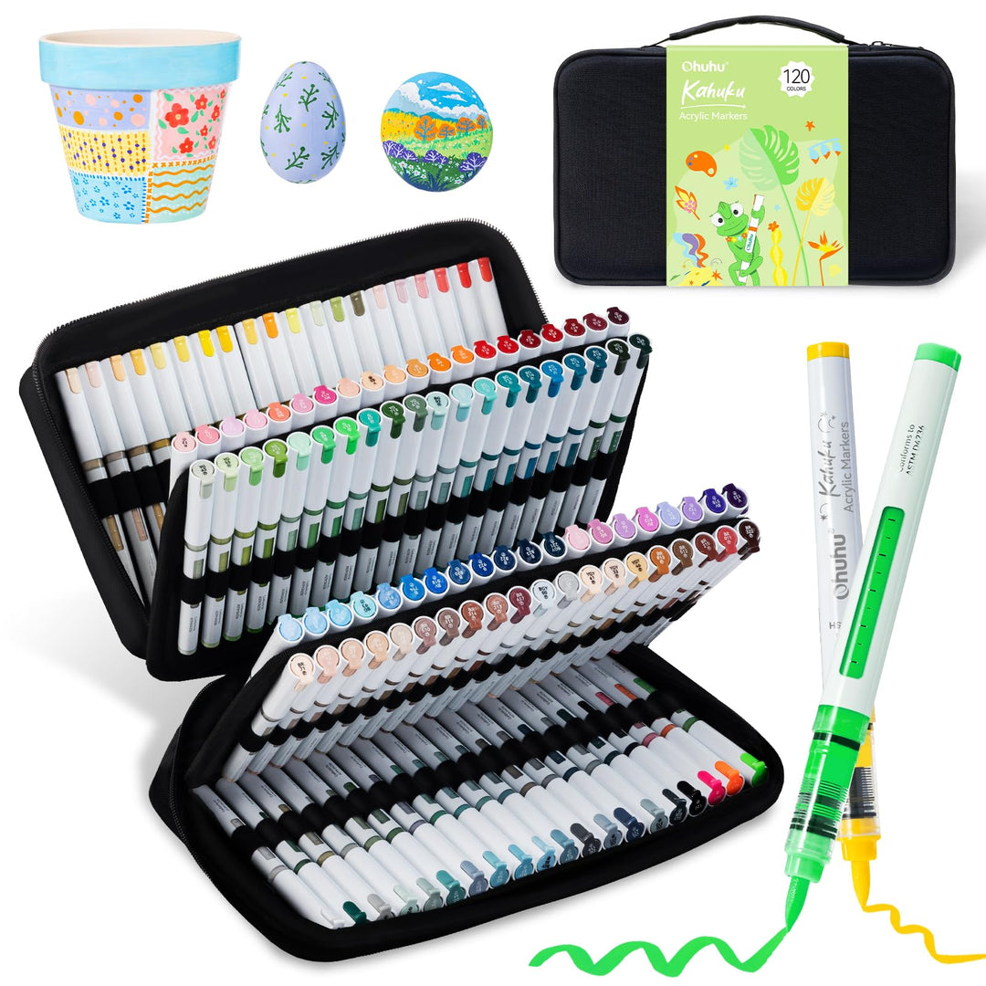 Ohuhu Acrylstifte mit Pinselspitze 120 Farben – Auto-Tintenregulierung, Hochdeckende Acrylic Markers