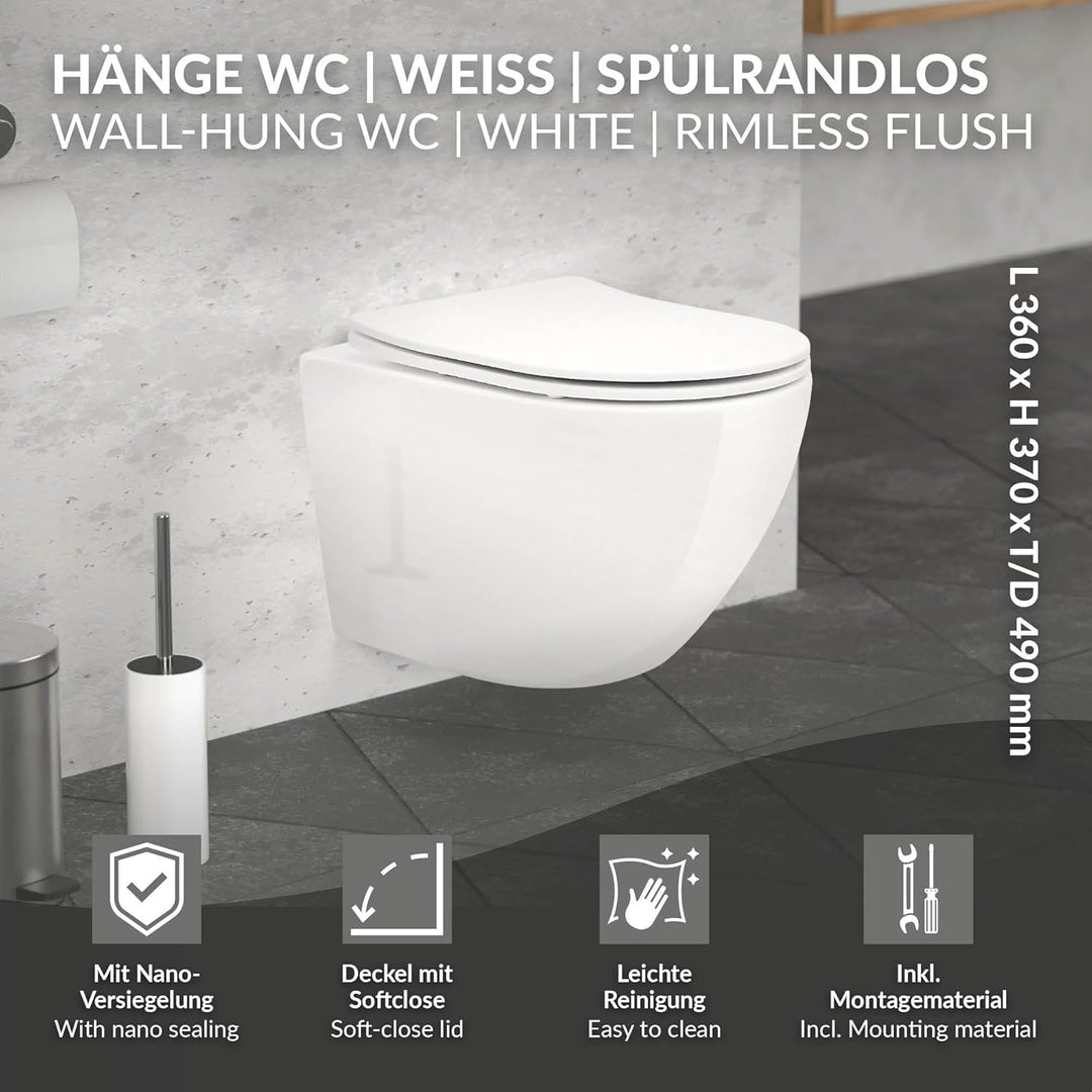 ECD Germany Hochwertiges Spülrandloses Hänge WC kurz Weiss, Toilette aus Keramik mit Antibakterielle