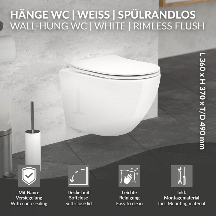 ECD Germany Hochwertiges Spülrandloses Hänge WC kurz Weiss, Toilette aus Keramik mit Antibakterielle
