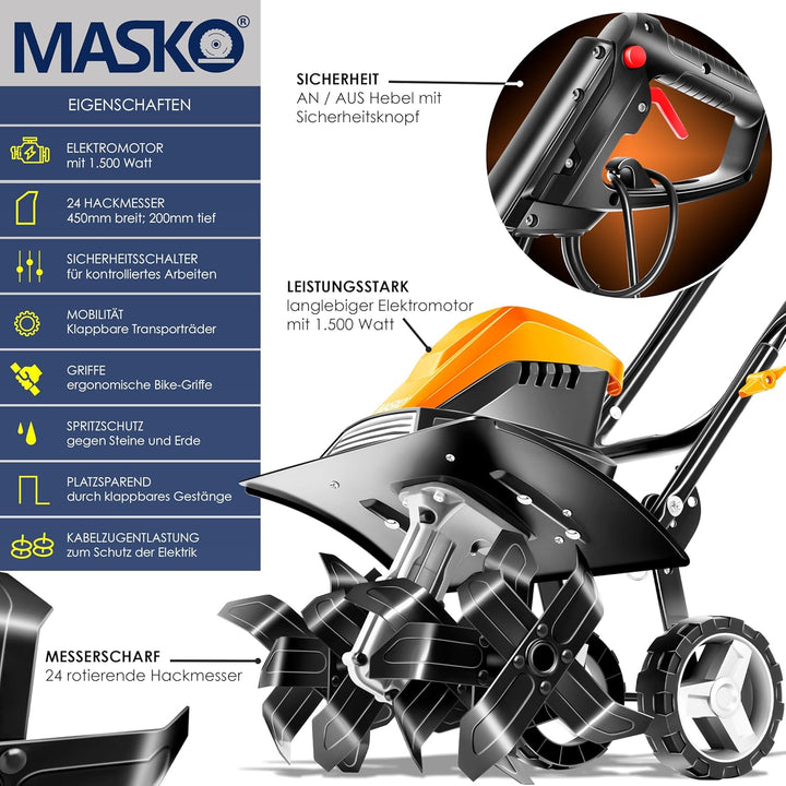 MASKO® elektrische Motorhacke 1500 Watt | 45cm Arbeitsbreite 20cm Arbeitstiefe | Bodenhacke | Ackerf