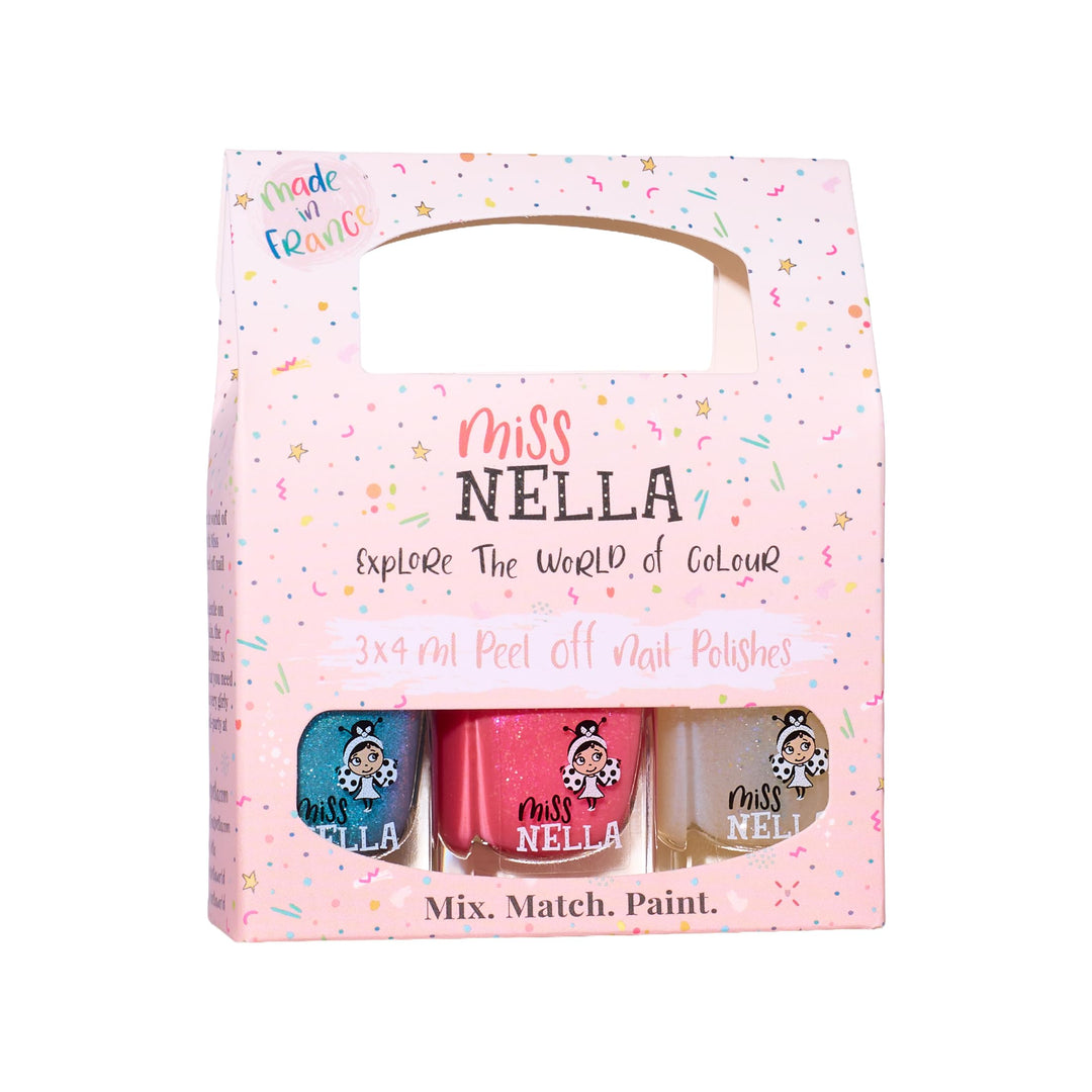 MIss Nella PARTY COLLECTION 3- Nagellackpack mit 3 Abziehbare, geruchsneutrale, wasserbasierte und s