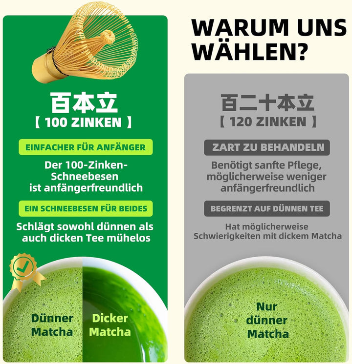 TEANAGOO Matcha Schneebesen Set,Matcha Schneebesen(100 Zinken) mit grünem Halter,6-PCS Traditionelle
