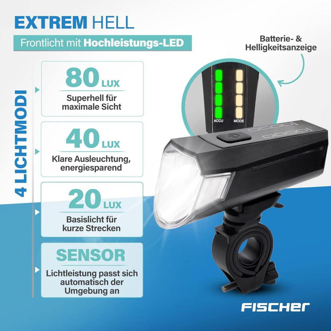 Fischer Twin Fahrradlicht Set, 360° Bodenbeleuchtung, LED Fahrradlampe 80 Lux, Akku aufladbar mit US