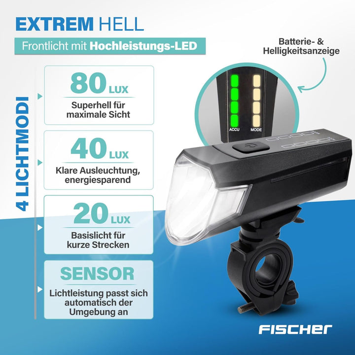 Fischer Twin Fahrradlicht Set, 360° Bodenbeleuchtung, LED Fahrradlampe 80 Lux, Akku aufladbar mit US