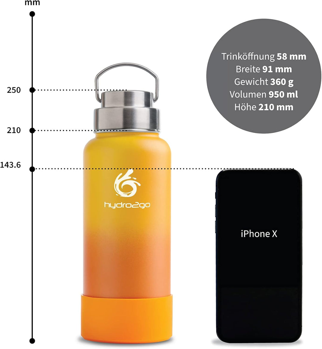 hydro2go ® Trinkflasche aus Edelstahl 1000 ml / 1 Liter - für Sport, Fitness & Outdoor | Thermo Edel