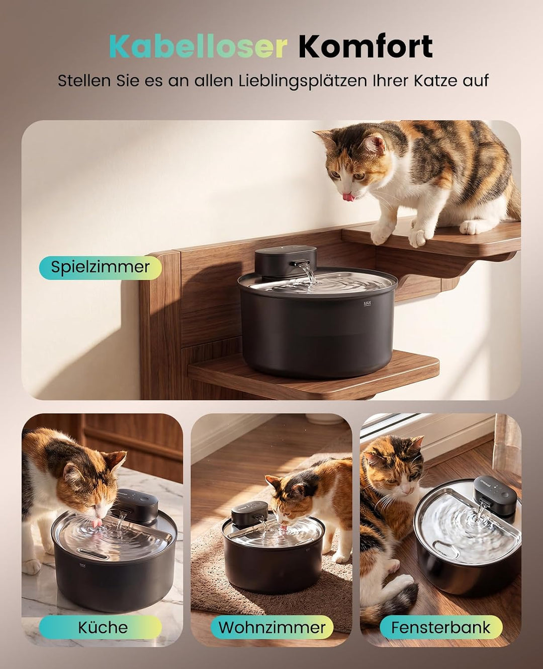 Oneisall 3.2L Kabelloser Katzenbrunnen Edelstahl mit Bewegungsmelder Katze | 4000mAh Akku 45 Tage La