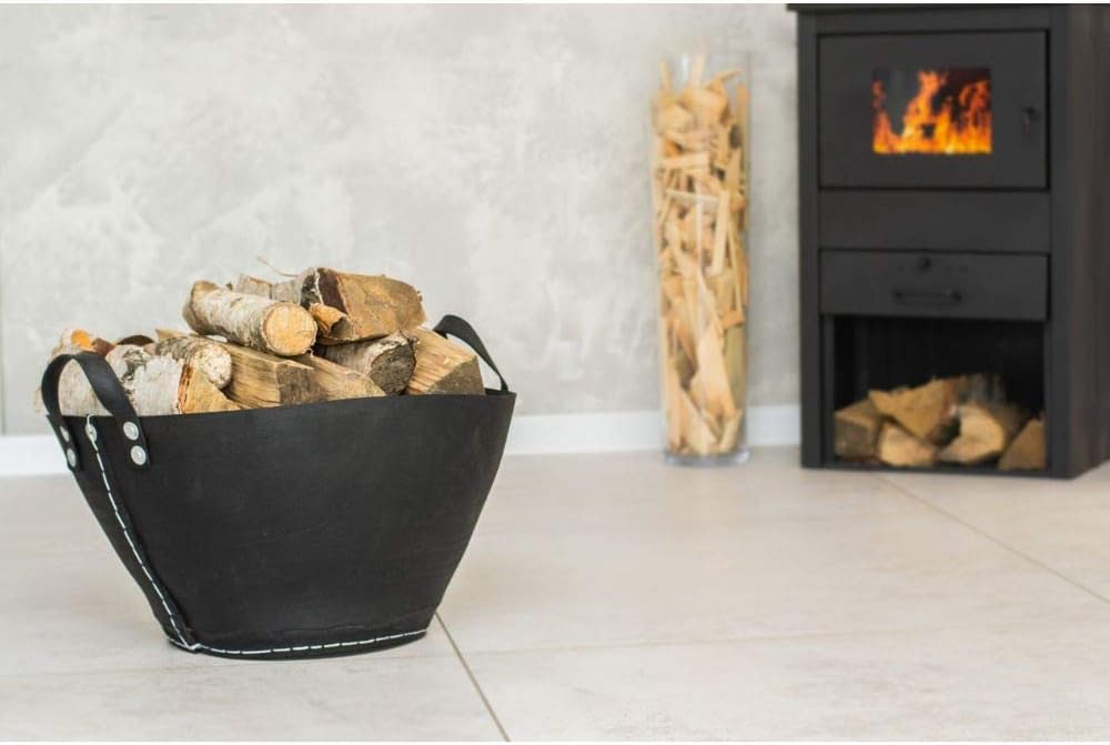 Metrox 355141 Holzkorb aus Gummi (aus recycelten Altreifen, Kaminholzkorb, 2 Tragegriffe, Höhe,34 cm