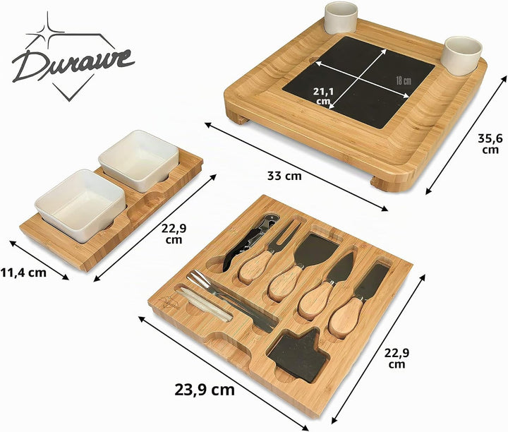 Bambus Käsebrett und Messer-Set Keramik-Schalen Weinöffner – 100% Bio-Holz Serviertablett Charcuteri