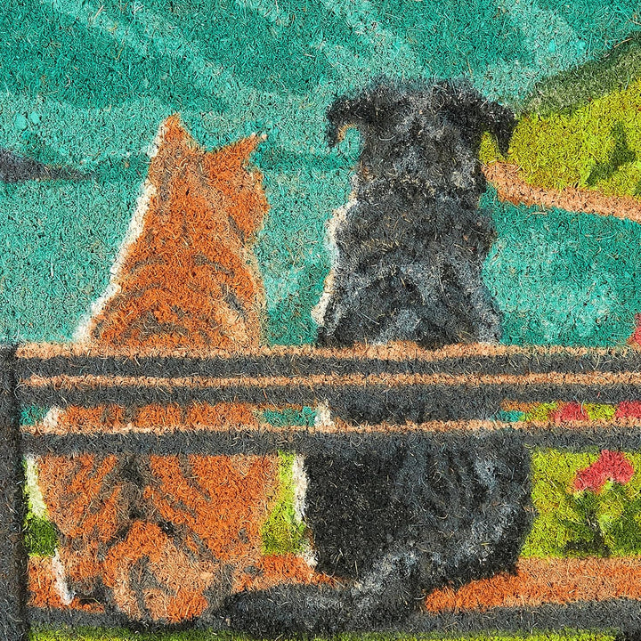 BRUBAKER Fussmatte für Aussen und Innen - Hund und Katze auf Bank vor Bergsee mit Blumen - 45 x 75 c
