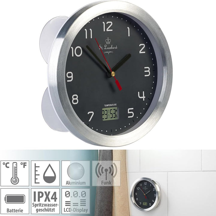 St. Leonhard Tischuhr: Badezimmer-Funk-Wanduhr, Thermo- und Hygrometer, Alu-Rahmen, Grau (Funk-Badez