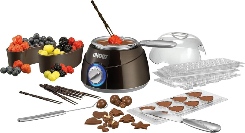 UNOLD 48667 CHOCOLATIER Schokoladen Fondue Schmelztopf inkl. Giessformen mit Zubehör, 2 Heizstufen,