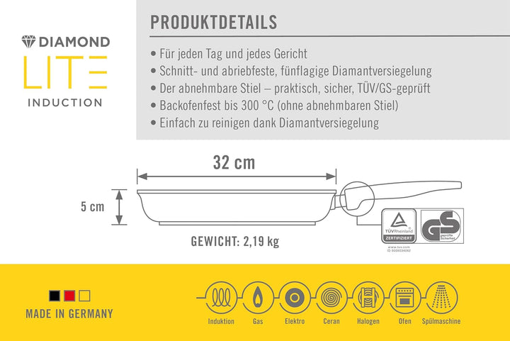 Woll Diamond Lite Flachpfanne - Induktiv -, Ø 32 cm, 5 cm hoch, mit abnehmbarem Stiel - Geeignet für