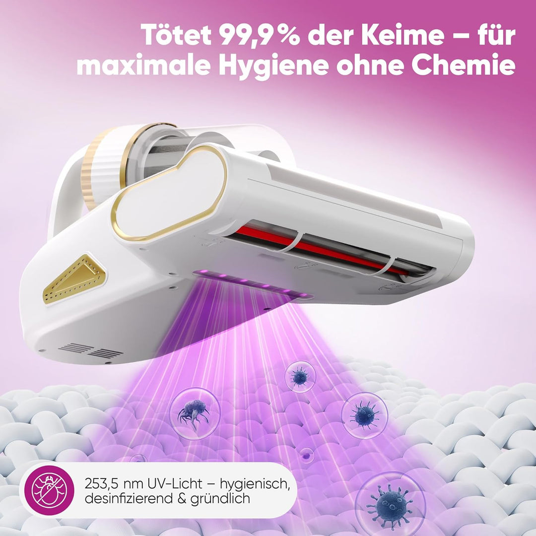 Milbensauger für Matratzen UV-Licht 99,9% Milbenentfernung 10.000Pa Kabellos, 3500 mAh Akku, Warmluf