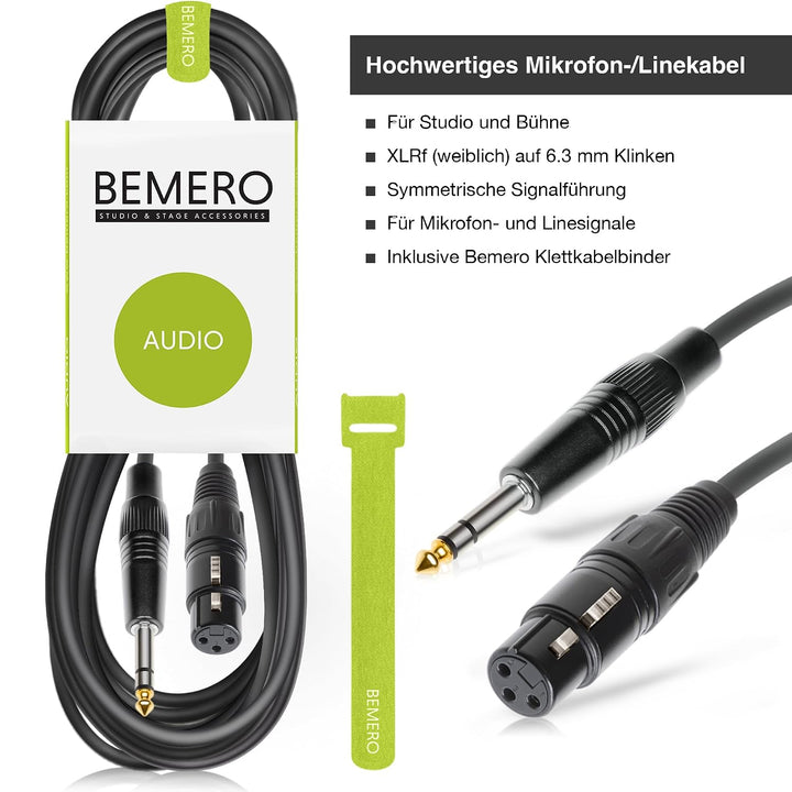 BEMERO XLR auf Klinke 6,3mm - 10m - inkl. Klettkabelbinder - Klinke auf XLRf - Mikrofonkabel, Lineka