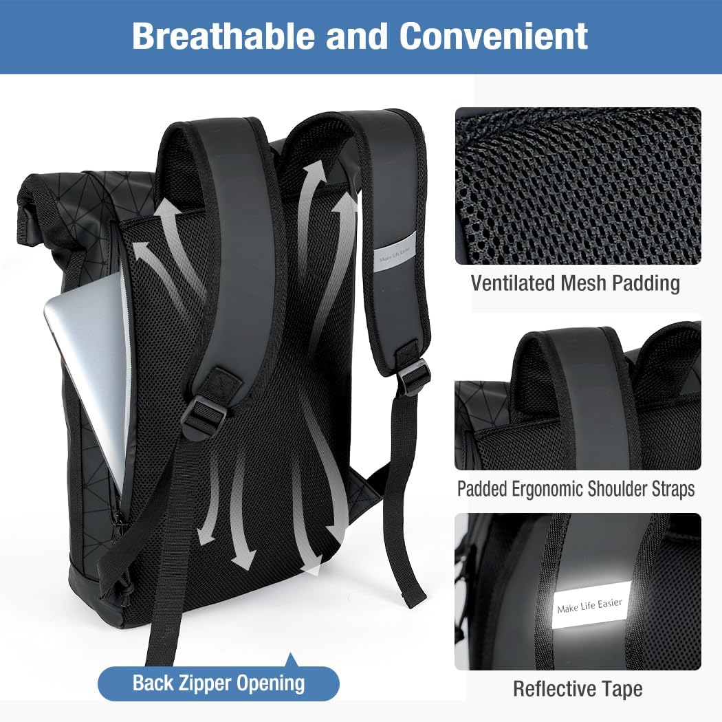 Rolltop Rucksack Wasserdicht für Damen & Herren, Grosser Laptop Rucksack mit Computerfach für 17 Zol