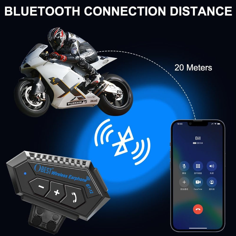 OBEST Motorrad Bluetooth Headset, Helm-Headset mit Freisprech-Kommunikationssystem und Geräuschreduz