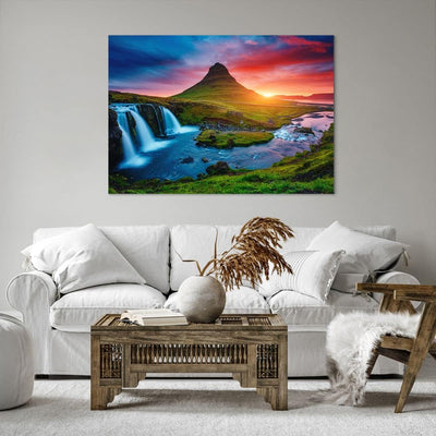 Bilder auf Leinwand 100x70cm Leinwandbild Sonnenuntergang Wasserfall Island Vulkan Gross Wanddeko Bi