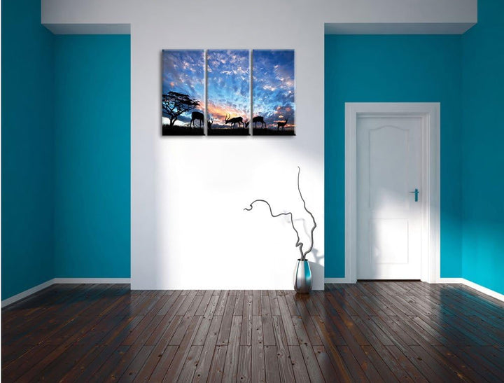 Pixxprint Tiere in der freien Natur am Abend 3-Teiler Leinwandbild 120x80 Bild auf Leinwand