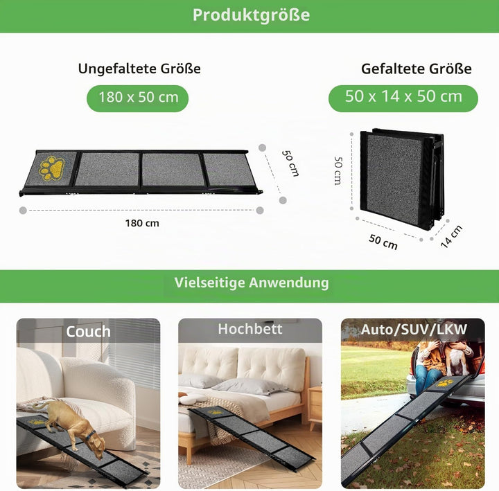Hunderampe Auto Klappbar Extra Lang 180 cm Hundetreppe Auto mit Rutschfester Teppichoberfläche für K