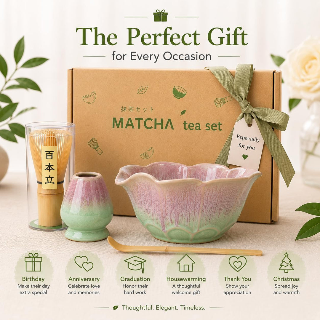 Matcha Set 5-teilig, Matcha Schale mit Ausgiesser in Blumenform Grün Rosa, Chasen, Bambusbesen, Chas
