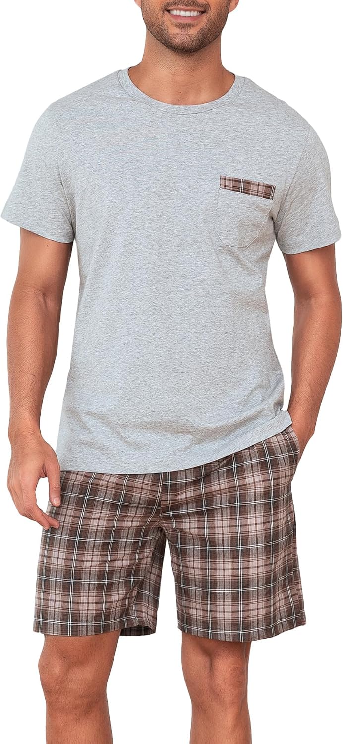 Schlafanzug Herren Kurz Pyjama Set aus Baumwolle Kurzarm Nachtwäsche mit Karierter Hose und Brusttas
